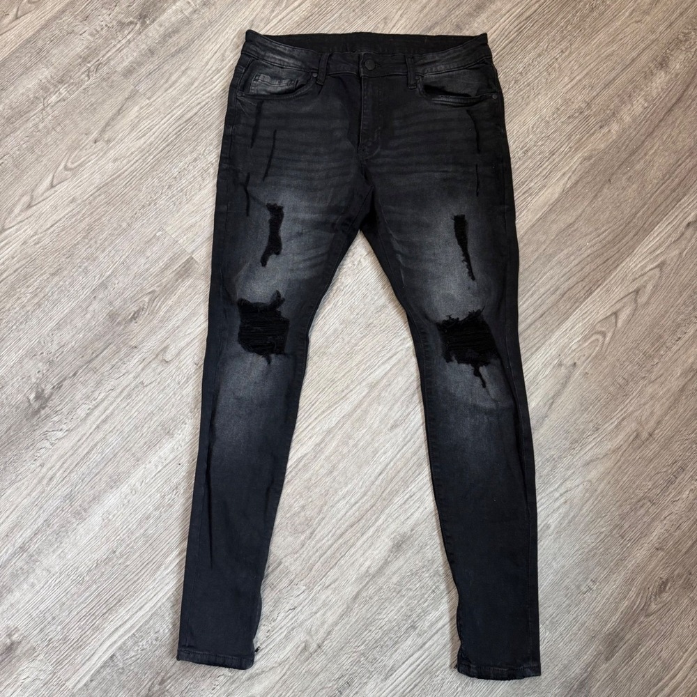 YoungLA Mens Distressed Skinny Jeans Black‎ Faded Ankle Zip Denim 34 x 32